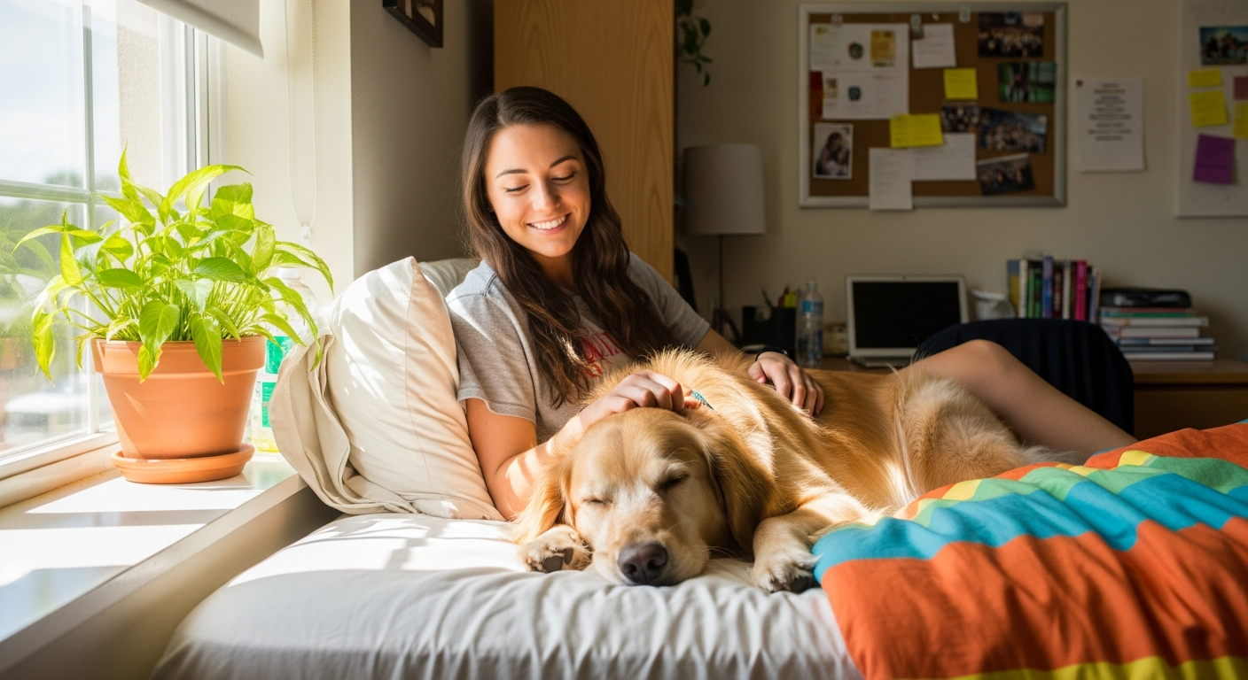 A college student relaxing with an emotional support animal in a Florida dorm room