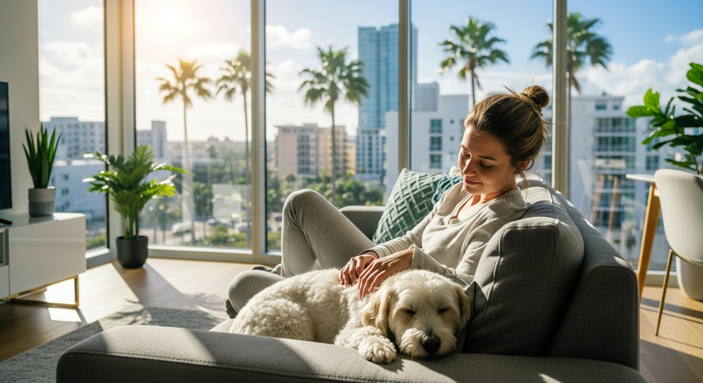 A renter with an emotional support animal in a bright Florida apartment with a city view