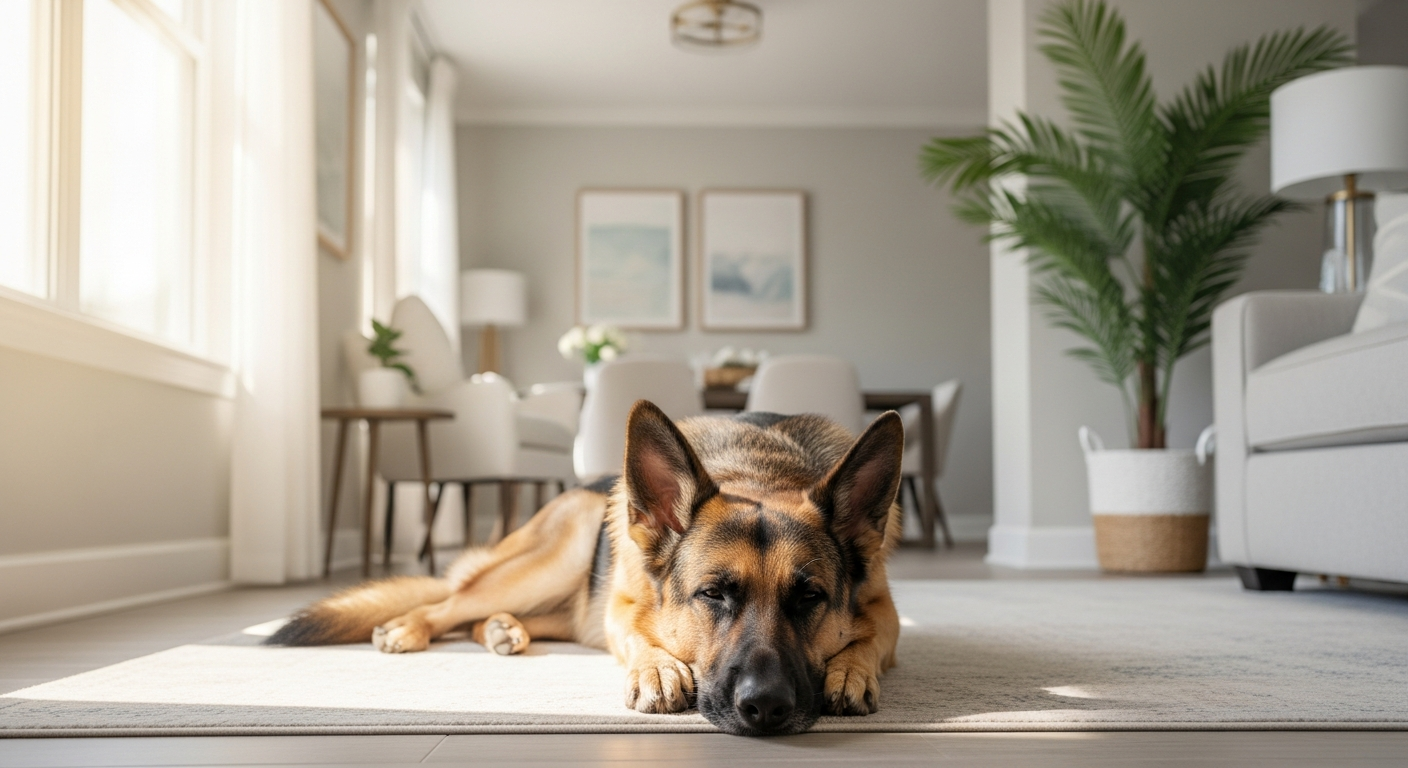 A calm emotional support dog in a bright Florida apartment